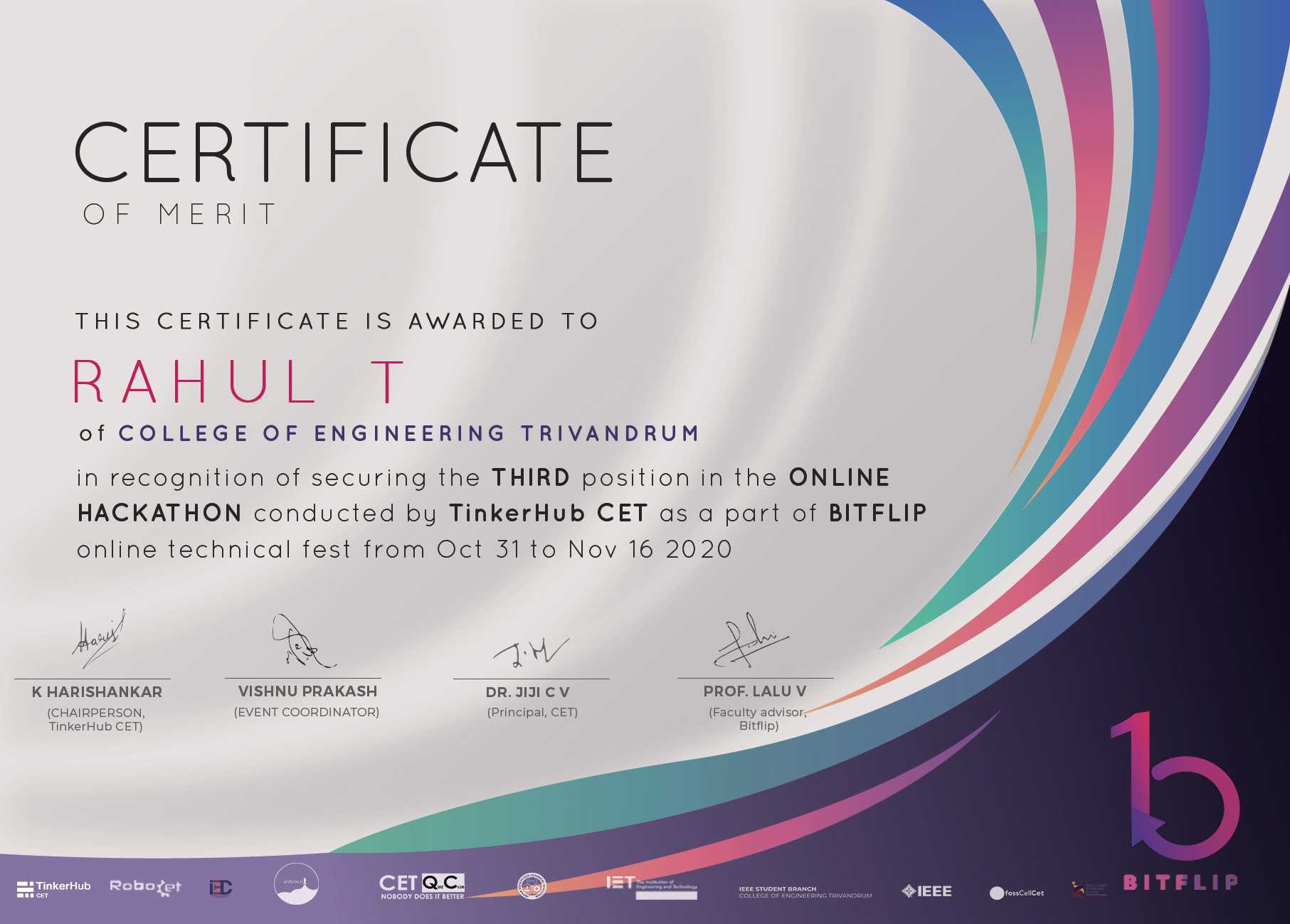 certificate - Bitflip Hackathon Thrid Prize